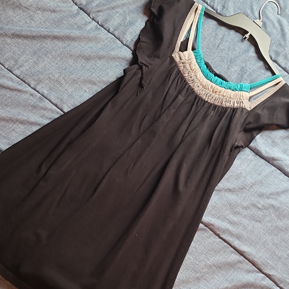 Chic Black Dress with Blue and White Accents